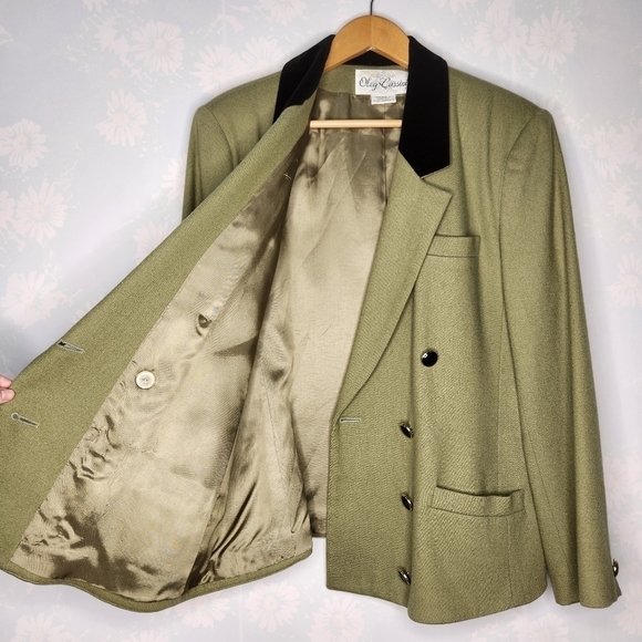 Vintage 80s Double Breasted Velvet Collar Khaki Neutral Blazer Jacket - Picture 2 of 9